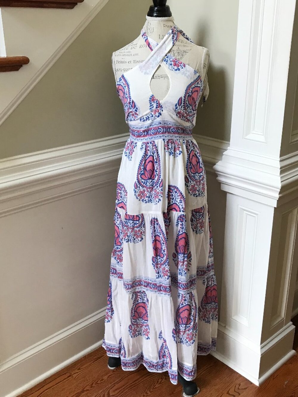 Bell Alex Maxi Dress Womens Small White Pink Blue Crossover Halter Silk Cotton